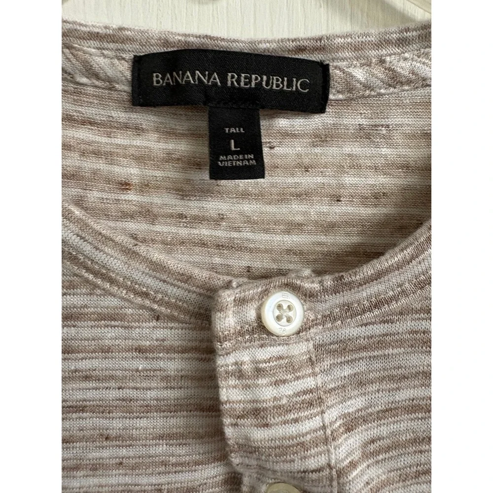 Banana Republic Mens Large Tall Linen Henley Shirt Tan Striped Short Sleeve L T
